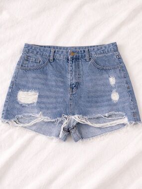 SHEIN Distressed Denim Shorts Light Wash Frayed Hem High Rise Size L 8/10